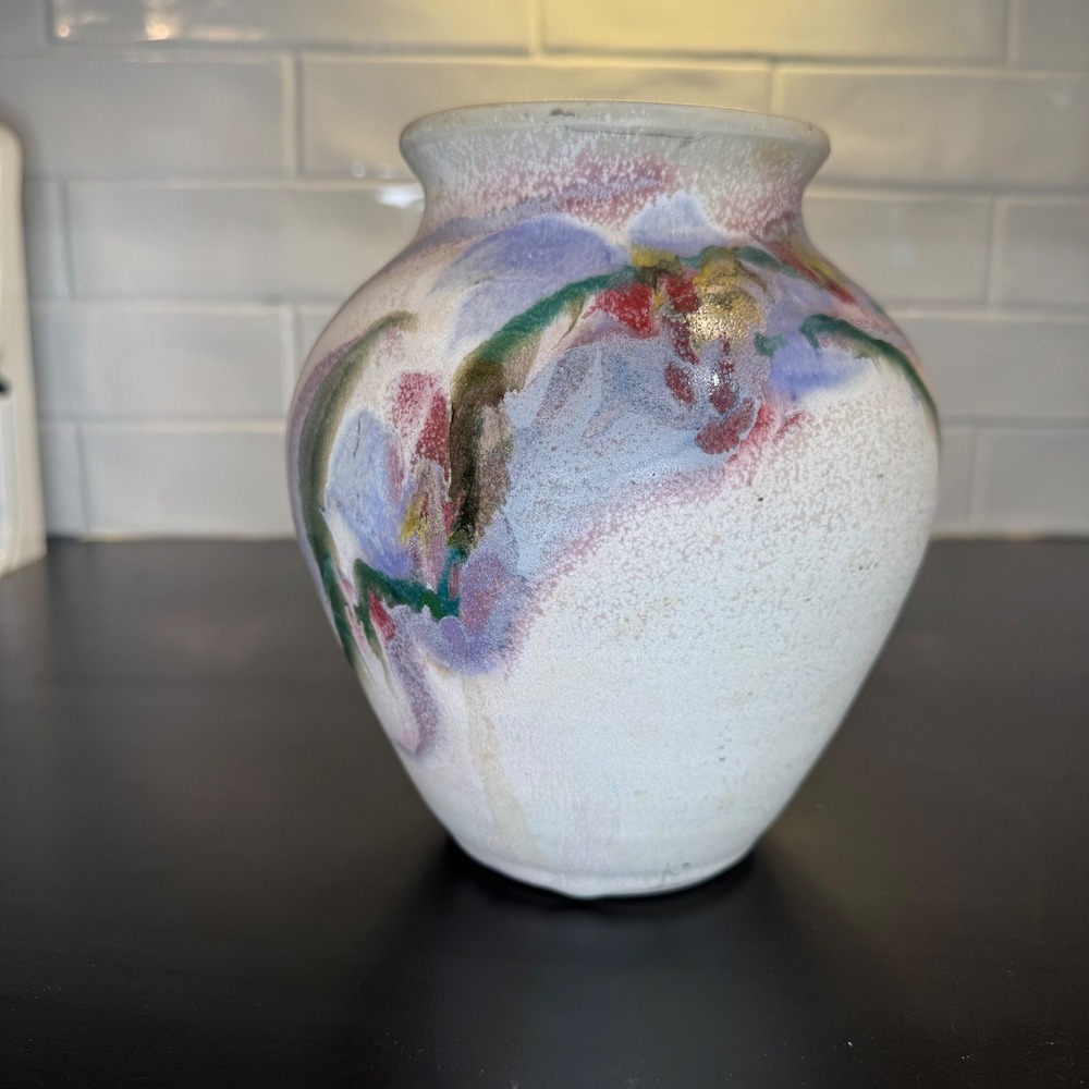 Cooper Studio Pottery Vase Home Decor 7in Cream Purple Green Hand Thrown Signed